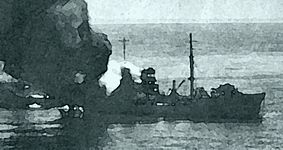 The end of SS Kentucky, in flames after being hit by Italian cruiser Raimondo Montecuccoli main guns. She was later torpedoed and sunk by the destroyer Oriani