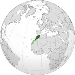 Fas'ın Dünya üzerindeki konumu. Fas'ın tartışmasız bölgeleri koyu yeşille, işgali altındaki bölgeler yeşille, hak iddia ettiği bölgeler açık yeşille gösterilmiştir.