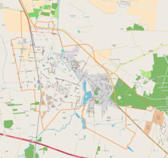 Mapa konturowa Ozorkowa, blisko centrum po lewej na dole znajduje się punkt z opisem „Parafia Najświętszej Maryi Panny Królowej Polski”