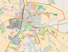 Mapa konturowa Strzelina, blisko centrum u góry znajduje się punkt z opisem „Synagoga w Strzelinie”