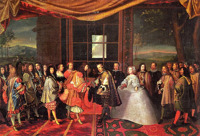 Jacques Laumosnier: Der Pyrenäenfrieden. Bei dem Treffen von Ludwig XIV. (Mitte links) mit Philipp IV. von Spanien und dessen Tochter Maria Teresa (Mitte rechts) auf der Fasaneninsel 1659 war der krasse Gegensatz zwischen der steifen und altmodischen spanischen Kleidung (rechts) und der bunten fantasievollen Eleganz der Franzosen (links) in Lockenpracht und Rheingrafenhosen mit Bändern und Schleifen und hochhackigen Schuhen nicht zu übersehen. Die Infantin im starren und breiten weißen Reifrock und mit breiter spanischer Frisur war modisch gesehen jenseits von allem, was im übrigen Europa, und besonders in Frankreich, zu dieser Zeit akzeptabel war.