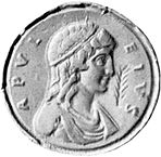 Phantasieporträt des Apuleius auf einem Kontorniaten (Medaillon) des späten 4. Jahrhunderts