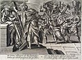 Martyrium des Simon (links) und Judas (rechts daneben) Gravur von Hendrik Goltzius aus seinem Zyklus der Apostel-Martyrien