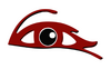 a logo of a black, crimson, and white eye