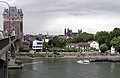 Rheingütestation Worms im Turmfuss und Blick auf Dom und Rheinpromenade