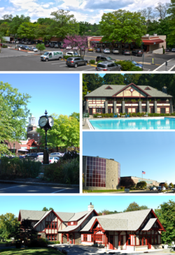 A medley of different scenes to represent the diversity of the village. At top is a photo of the village's high school. Above center, right shows the Village Pool as part of Law Memorial Park. Below center, right shows Briarcliff's All Saints' Episcopal Church. At the bottom is the Village Library that was once Briarcliff's train station. Center, left shows the Central Business district with Briarcliff's Pocket Park and Clock.