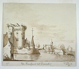 Kopie naar originele tekening: Brinkpoort met links een oude toren. Kopie door M.E.Houck uit 1903.