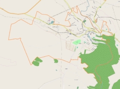 Mapa konturowa Buczacza, po prawej nieco u góry znajduje się punkt z opisem „Kościół Wniebowzięcia Najświętszej MarIi Panny w Buczaczu”