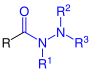 Allgemeine Struktur der Carbonsäurehydrazide mit dem blau markierten Hydrazinocarbonyl-Rest. R = H oder Organylgruppe