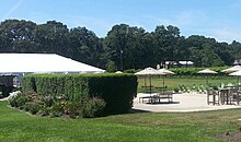 A concrete patio with chairs, tables, and umbrellas, with a hedge and large white tent to the side, and grapevines in the background.