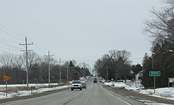 Looking west at the sign for Medina on WIS 96