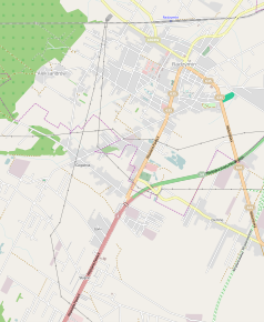 Mapa konturowa Radzymina, blisko górnej krawiędzi nieco na prawo znajduje się punkt z opisem „Radzymin”