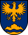 Gemeinde Steinbach am Attersee In Blau über einem goldenen, von einer blauen Wellenleiste durchzogenen Felsen ein goldener Adler mit goldener Krone und roter Zunge.