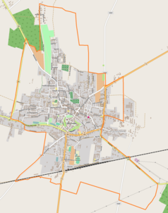 Mapa konturowa Wschowy, w centrum znajduje się punkt z opisem „Kościół Żłóbka Chrystusowego”