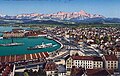 Bahnhof und Hafen Romanshorn um 1910 mit SD Friedrichshafen. Im Hintergrund Alpstein mit Säntis.