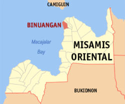 Map of Misamis Oriental with Binuangan highlighted