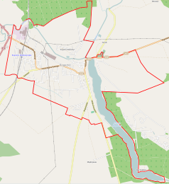 Mapa konturowa Rogoźna, w centrum znajduje się punkt z opisem „Ratusz w Rogoźnie”