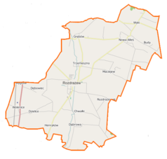 Mapa konturowa gminy Rozdrażew, w centrum znajduje się punkt z opisem „Parafia św. Jana Chrzciciela”