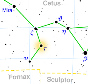 Tau Ceti (centru), în partea de sud a constelației balenă (Cetus în latină)