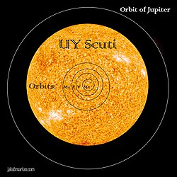 Az ábra azt mutatja be, hogy mi történne, ha a Nap helyett az UY Scuti-t helyeznénk a Naprendszer közepébe. (Ez nem igazi kép az UY Scuti-ról. Jelenleg nincs olyan teleszkóp, amely képes lenne egy kis pontnál nagyobb képet adni. A felhasznált kép a Nap módosított képe.)