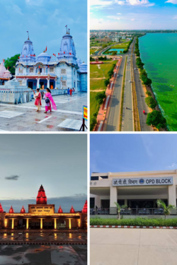 From Top Clockwise : Gorakhnath Temple, Aerial View of Ramgarh Tal, AIIMS Gorakhpur, Gorakhpur Zoo