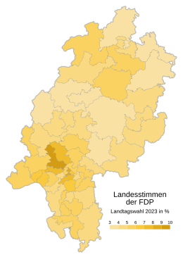 Freie Demokratische Partei ﻿Höchstwert: 9,3 % (Hochtaunus II) ﻿Tiefstwert: 3,4 % (Marburg-Biedenkopf I)