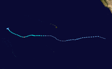 A track map of a tropical cyclone that traversed a portion of the Eastern and Central Pacific Ocean as a tropical depression; it eventually became a minimal hurricane for a brief period of time, just before it crossed the International Date Line. Though it has several dips and rises, the system's track generally represents a westward trajectory overall.