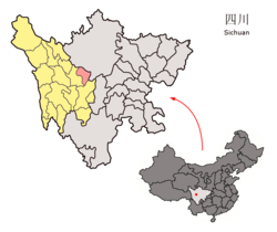 Location of Danba County (red) within Garzê Prefecture (yellow) and Sichuan.