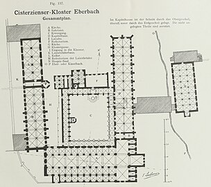 Grundriss Kloster Eberbach, links mit K das Laienbrüderhaus bezeichnet