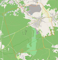 Mapa konturowa Ogrodzieńca, po prawej nieco u góry znajduje się punkt z opisem „Parafia Przemienienia Pańskiego”