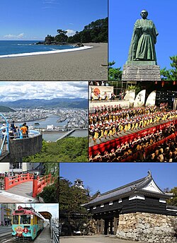 Yukarıdan sola: Katsurahama, Sakamoto Ryoma Heykeli, Godai Dağı'ndan Kōchi görünümü, Yosakoi Festivali, Harimayabashi, Tosa Tramvayı, Kōchi Kalesi
