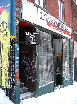 Exterior of DIRA infoshop, Montreal, Canada