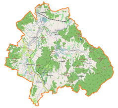 Mapa konturowa gminy Mysłakowice, po lewej nieco na dole znajduje się punkt z opisem „Mysłakowice”