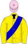 Canary, blue sash, rose cap