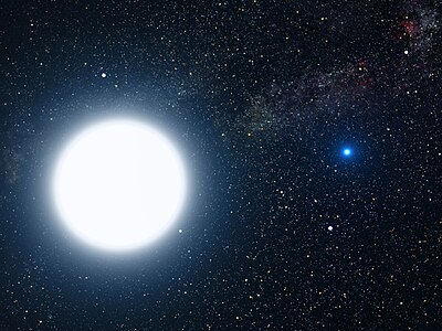 Sirius, Büyük Köpek takımyıldızında yer alan çift yıldızdır. Sirius A(soldaki) ve Sirius B(sağdaki)'nin bir ressam tarafından tasviri.(Üreten:Space telescope)