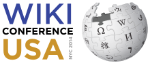 A logo with the text reading "Wiki Conference USA" on the left and the Wikipedia globe on the right