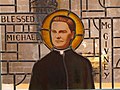 A stained glass window of Blessed Michael McGivney, founder of the Knights of Columbus, at the Parish of St. Catherine of Siena in Trumbull, Connecticut.