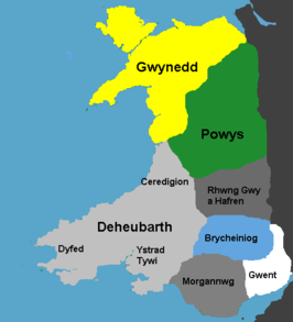 Wales' koninkrijken in 1093; Deheubarth in het lichtgrijs.