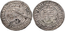Kurfürst Ernst, Herzog Albrecht, Herzog Wilhelm III. (1465–1482), halber Spitzgroschen (14)78, Mmz. Kleeblatt, Münzstätte Zwickau. Die halben Spitzgroschen sind größer und schwerer als die ganzen Spitzgroschen.
