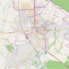 Mapa konturowa Piaseczna, w centrum znajduje się punkt z opisem „Parafia św. Anny”