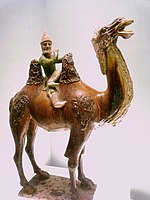 A Sogdian man of the Western Regions riding a Bactrian Camel, a sancai glazed figurine from the Tang dynasty