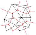 Door de middelpunten te verbinden verkrijgt men het voronoi-diagram (in het rood getekend).