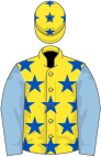 Yellow, royal blue stars, light blue sleeves