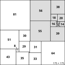 24 Quadrate, alle unterschiedlicher Größe, fügen sich lückenlos zu einem großen Quadrat zusammen; einige Quadrate bilden innerhalb des großen ein kleineres Quadrat.