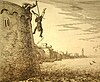 Engraving showing a silhouetted being thrown from battlements
