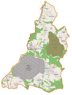 Mapa konturowa gminy Bogatynia, blisko lewej krawiędzi na dole znajduje się punkt z opisem „Porajów”