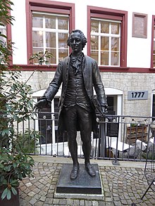 Isaak Iselin (1728–1782) Bronzestatue 1891 von Alfred Lanz (1847–1907). Basel, Rümelinsplatz 19, Schmiedenhof. Gruet Jeune Fondeur, Paris. Charles Gruet (1825¬–1890)