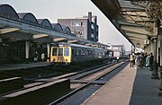 Middlesbrough railway station in July 1977, looking west towards Thornaby.