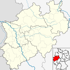 Mapa konturowa Nadrenii Północnej-Westfalii, na dole nieco na lewo znajduje się punkt z opisem „Kolonia”