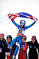 Team members celebrate with Sarah Hendrickson after her 2013 World Championship win.